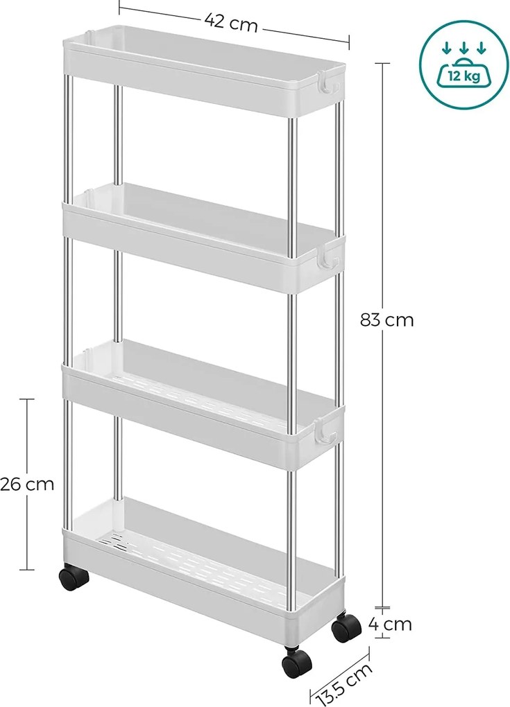 4-úrovňový výsuvný úzky vozík, regál na kolieskach, biely