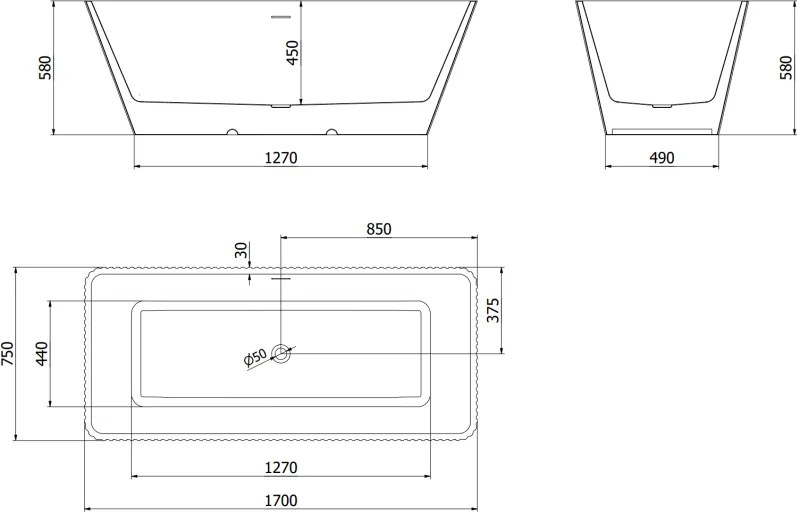 Mexen Tava, voľne stojaca ryhovaná vaňa 170 x 75 cm, biela lesklá, čierny matný prepad, 52851707500-70
