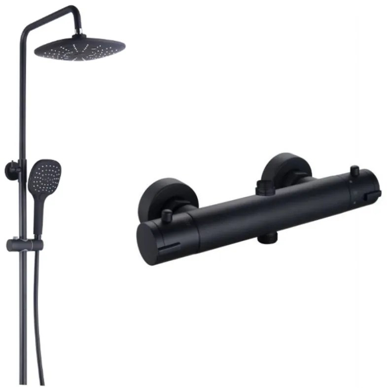 Mexen termostatický sprchový set, sprchová batéria KAI s horným uchytením sprchy + sprchová sada s hornou hlavicou Denis, čierna, 78135-70 + 77150-70