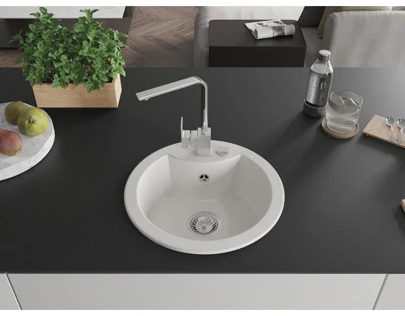 Mexen Diego, 1-komorový granitový drez 488x488x167 mm, chrómový sifón, chrómová batéria Rita, biela, 6512-20-670300-00