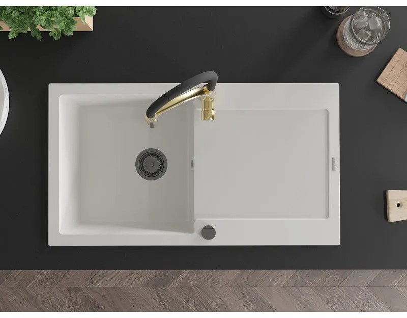 Mexen Leo, granitový drez 900x500x190 mm, 1-komorový a drezová batéria Aster, biela, 6501-20-73450-57-B
