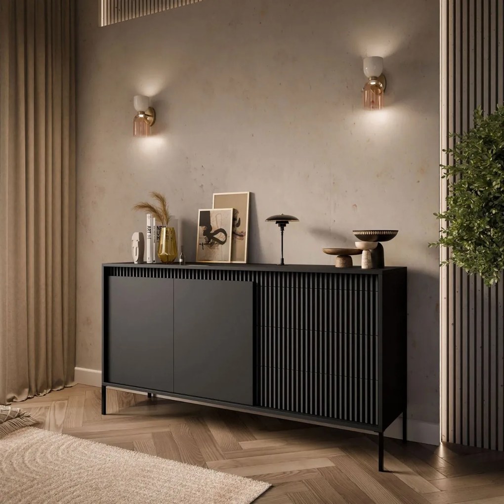 KOMODA RAYMOND 2D3S SO ŠUPLÍKMI ČIERNA MATNÁ 153 cm