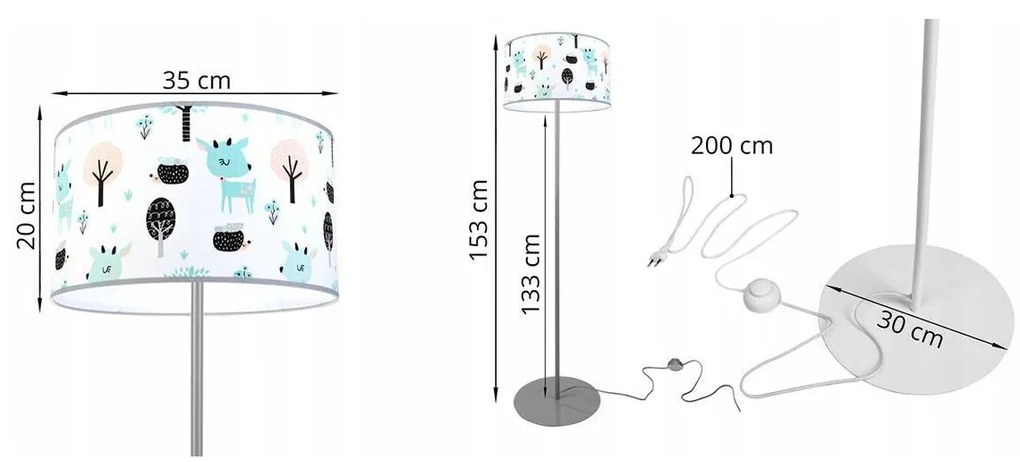 Detská Stojacia lampa Bambi, 1x textilné tienidlo so vzorom, (výber z 2 farieb konštrukcie), o