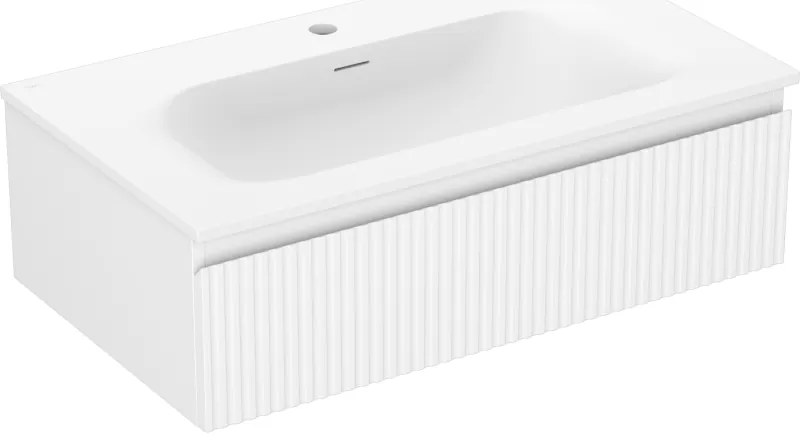 Mexen Rivel, kúpeľňová skrinka 80 cm s umývadlom Vela, 1 zásuvka, drážkovaná, biela matná, 91A20-08023-1-BF01-W23M01