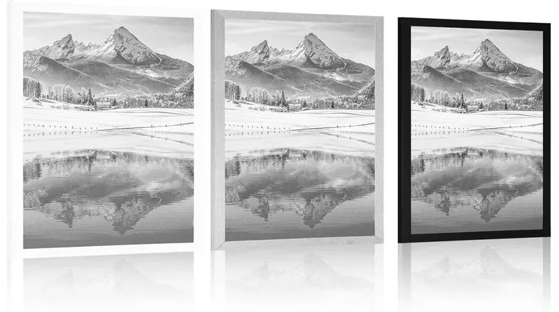 Plagát zasnežená krajina v Alpách v čiernobielom prevedení - 60x90 silver