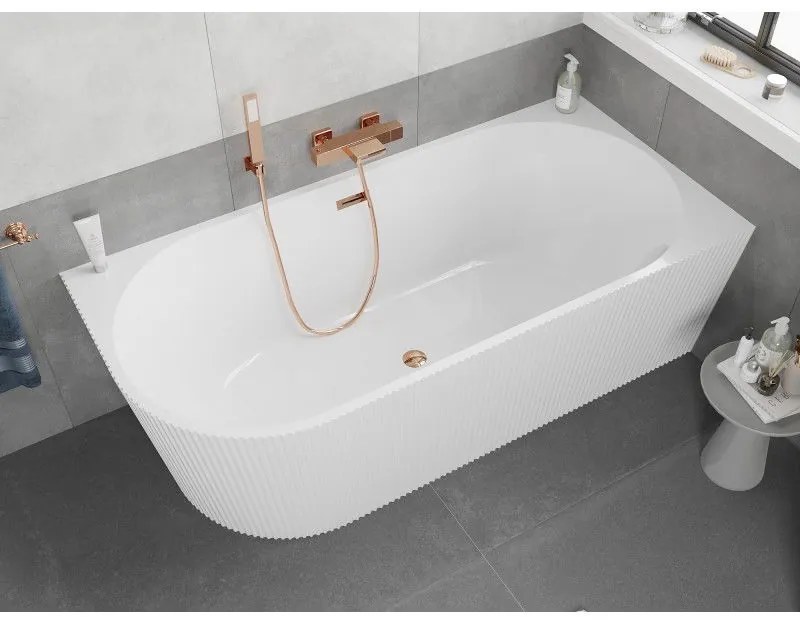 Mexen Silo, rohová voľne stojaca ryhovaná vaňa, pravá, 170 x 80 cm, biela lesklá, ružové zlato prepad, 52891708000P-60