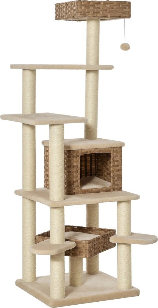 PawHut Ratanový strom pre mačky s mačacou jaskyňou – Viacúrovňový strom na šplhanie pre mačky E1 MDF Sisal Béžová+Hnedá 55 x 55 x 174 cm | Aosom
