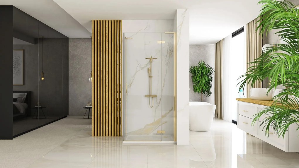 Sprchovací kút REA HUGO GOLD BRUSH 100/dvere x 80/zástena cm, zlatý kartáčovaný/transparent - bez vaničky