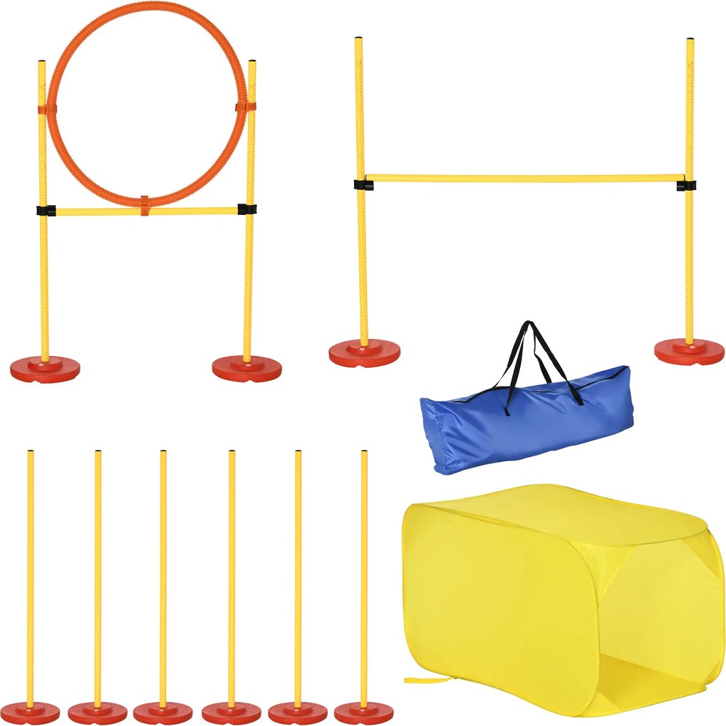 Sada pre agility pre psov PawHut, tréningová súprava, prekážková dráha, plast, polyester, žltá, 128 x 23 x 9-100 cm | Aosom