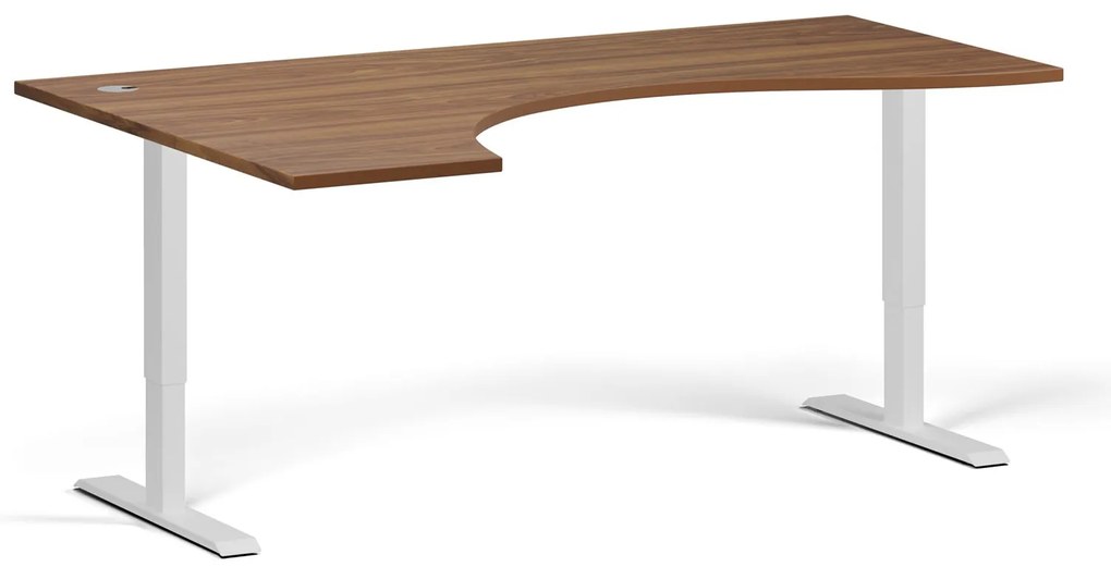 Ergonomický výškovo nastaviteľný stôl, 180x120 cm, 2 motory, L/P, biela podnož, orech