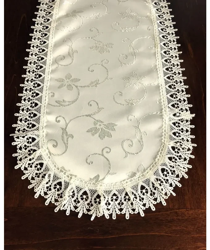 Luxusný béžový oválny obrus s jemnou vyšívkou a krajkou Šírka: 80 cm | Dĺžka: 140 cm