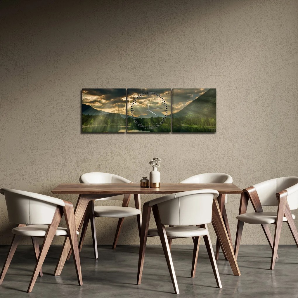 Obraz jazera s presvitajúcim slnkom (s hodinami) (90x30 cm)