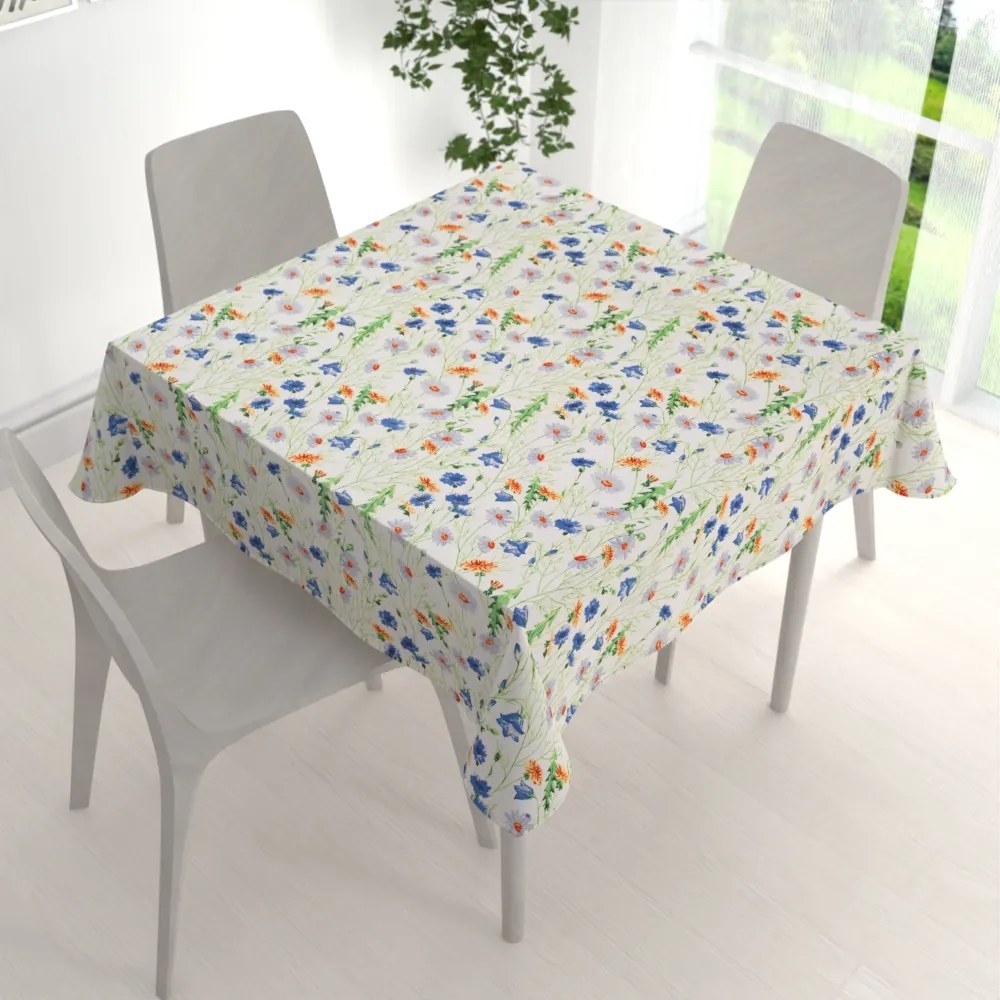 Biante Bavlnený štvorcový obrus Sandra SA-601 Margaréty a zvončeky na bielom 130x130 cm