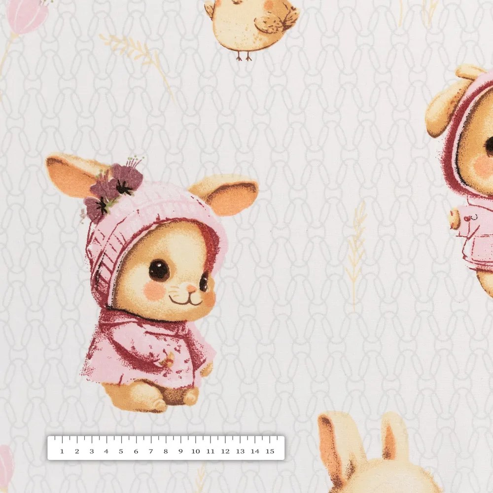 Biante Detský bavlnený oválny obrus Sandra SA-538 Ružové zajačiky a vtáčiky na bielom 120x140 cm