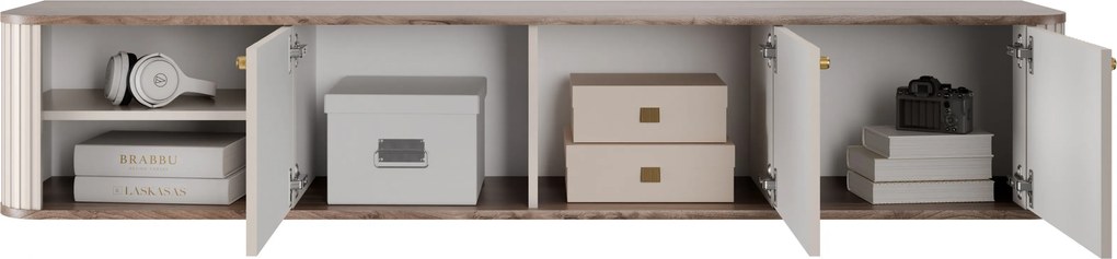 Závesná RTV skrinka Vesper 187 cm trojdverová - kasmír / orech / zlaté úchyty