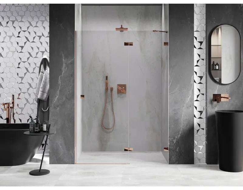 Mexen Lunar, pravé otočné sprchové dvere 135 cm, 8mm číre sklo, ružové zlato profil, 834-135-000-60-00-P