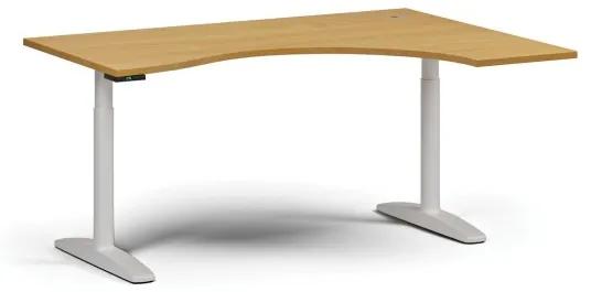 Výškovo nastaviteľný stôl OBOL, elektrický, 675-1325 mm, ergonomický pravý, doska 1600x1200 mm, biela zaoblená podnož, buk