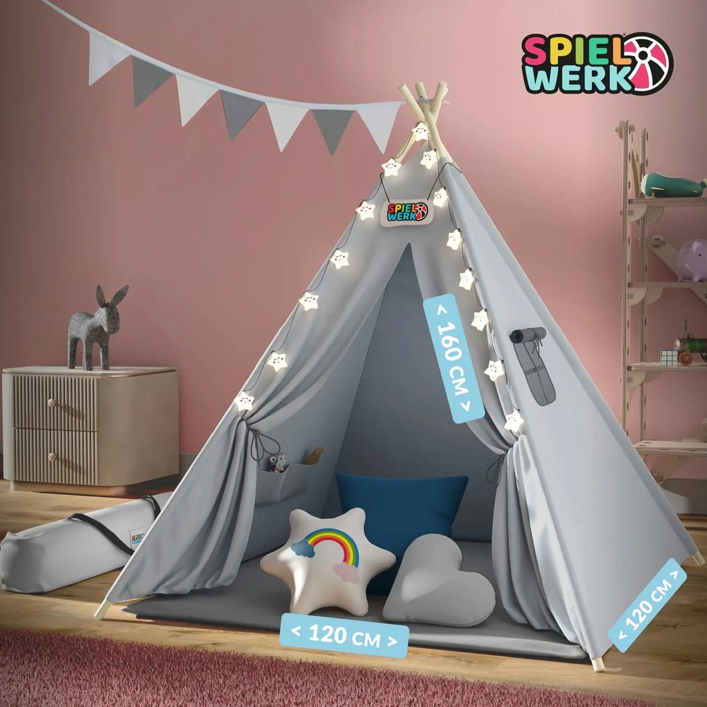 Detský stan teepee JULIUS, 120x120x160cm, šedá/modrá Spielwerk