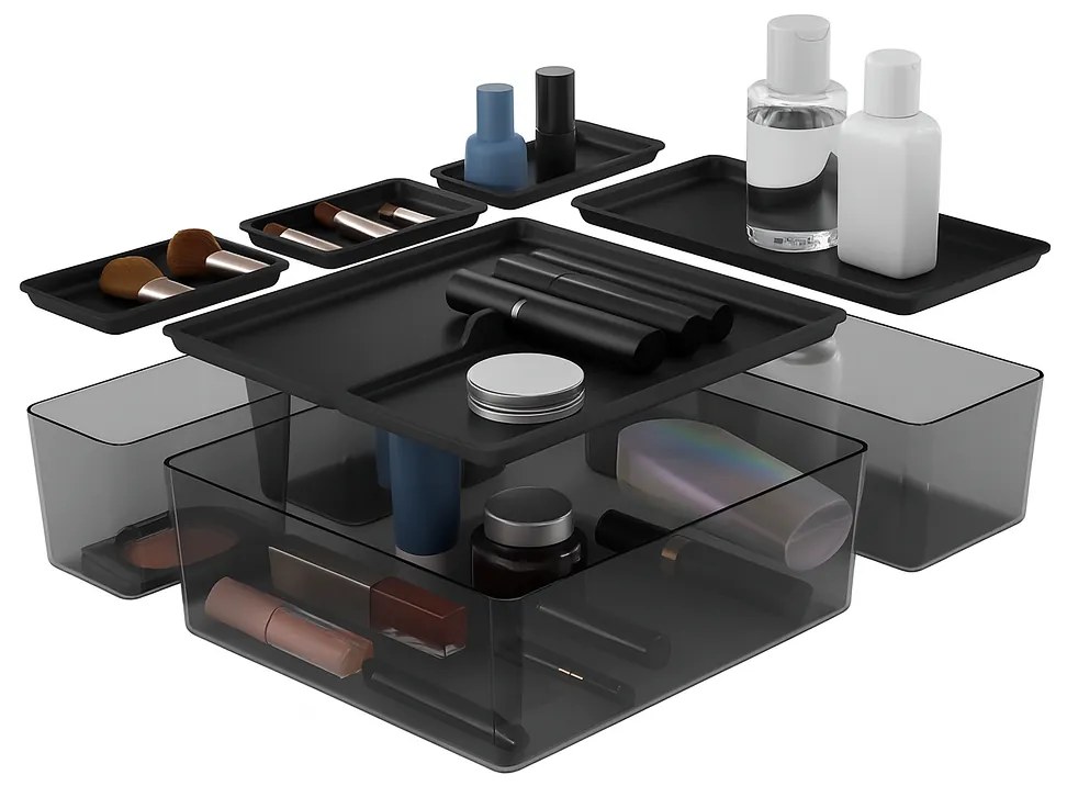Goodhome Sada úložných boxů do šuplíku s víčky, koupelnový organizér 5v1, KOROS BLACK - černý