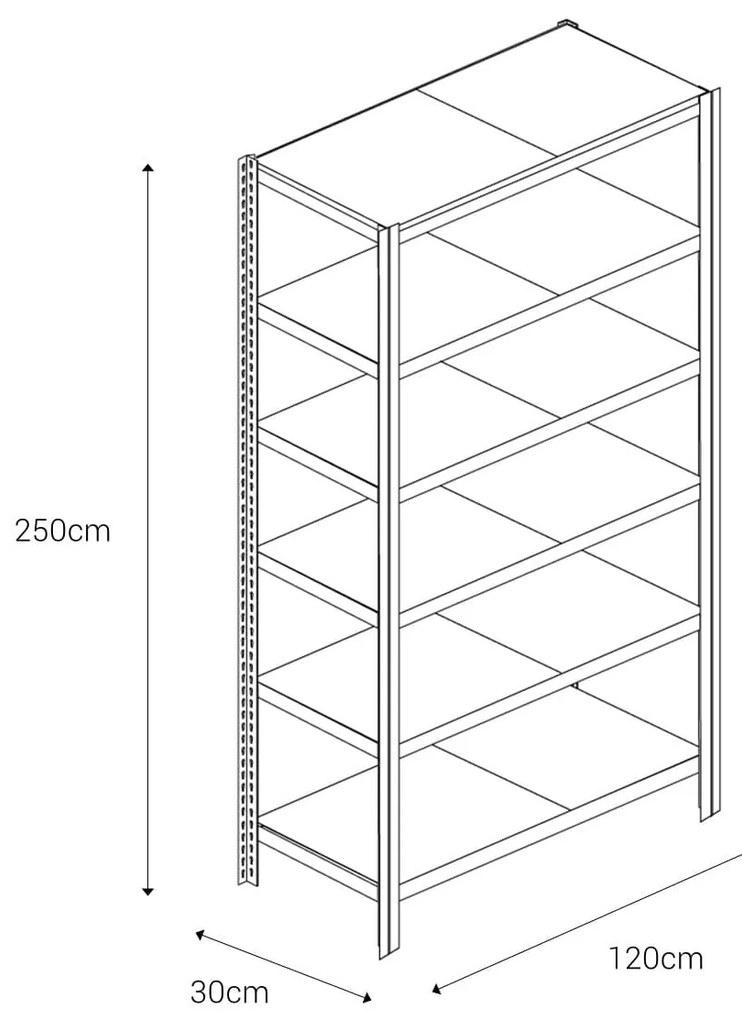 Bezskrutkový kovový regál 250x120x30cm T profil, 6 políc