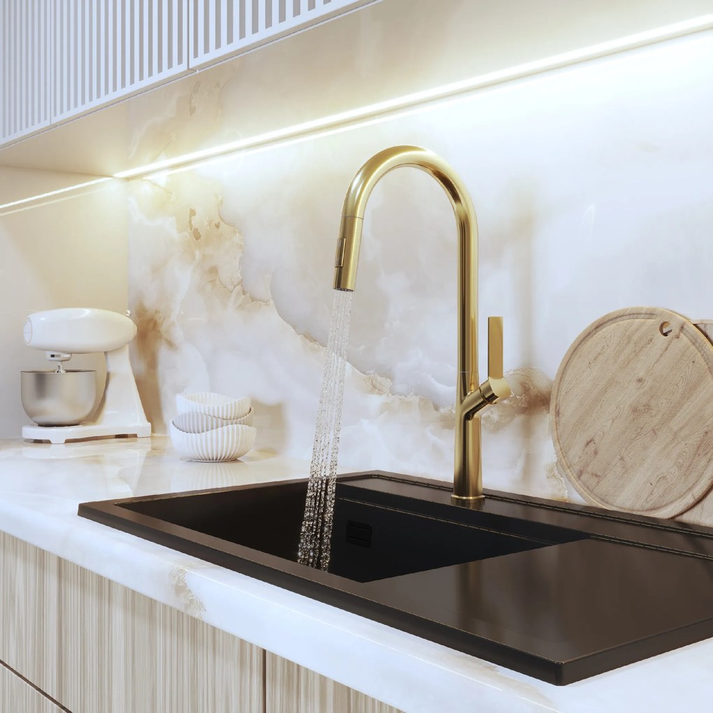 Gamma Awra, kuchynská batéria s vyťahovacou výlevkou a dvojfunkčnou sprchou, zlatá matná, GMA-BAA-BGD