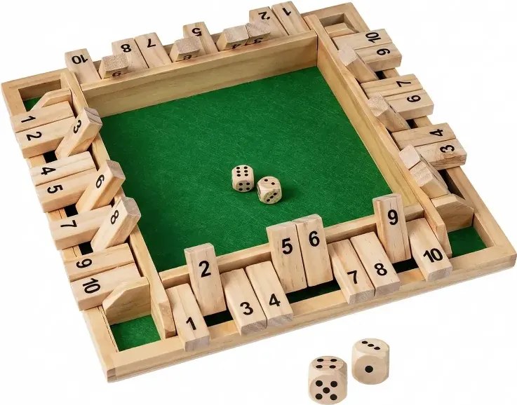 Hra Shut The Box pre 2-4 hráčov, kocková hra s 2 kockami a robustnou klapkou z borovicového dreva, prírodná