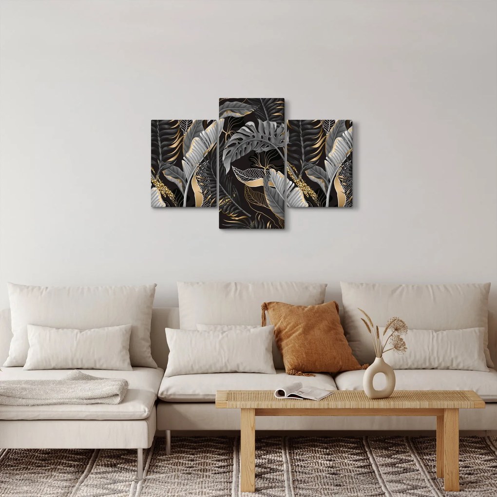 Obraz - Tropické listy v čierno-zlatej (90x60 cm)