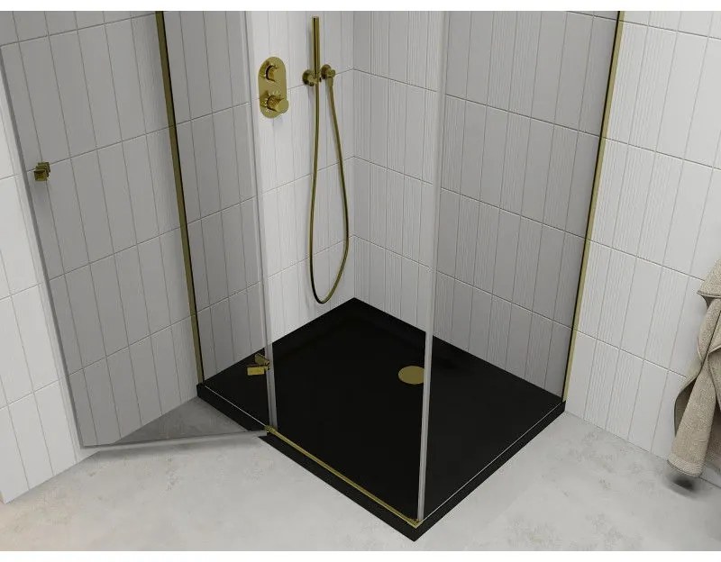 Mexen Roma, sprchovací kút s 1-krídlovými dverami 100 (dvere) x 90 (stena) cm, 6mm číre sklo, zlatý profil, slim sprchová vanička 5cm čierna, 854-100-090-50-00-4070G