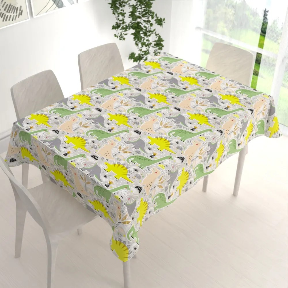 Biante Detský bavlnený obdĺžnikový obrus Sandra SA-564 Dinosaury a brontosaury na sivom 60x100 cm