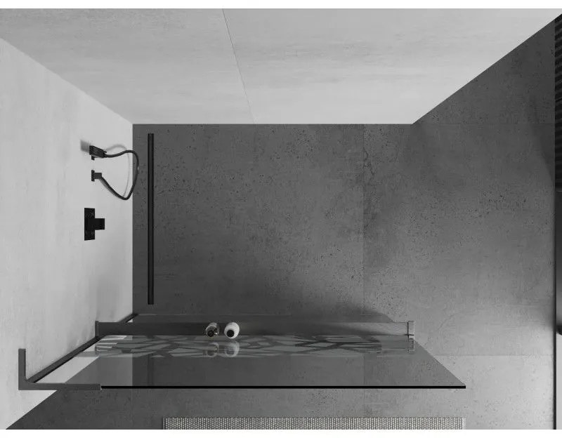 Mexen Kioto+ L, sprchová zástena Walk-In s poličkou a vešiakom 80 x 200 cm, 8mm číre sklo biely vzor, grafitový profil, 800-080-123-66-85