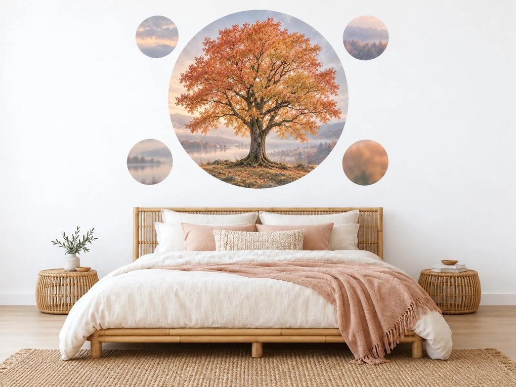 Jesenný strom pri hmlistom jazere jesenné textilné nálepky na stenu do spálne arch 46 x 45 cm