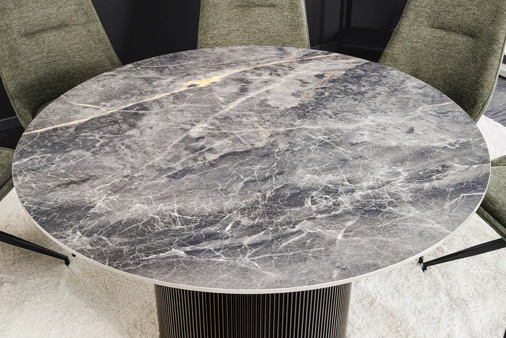 Jedálenský stôl UNIQUE 120 cm okrúhly s tmavým rámom, keramicko-sivým mramorovým vrchom
