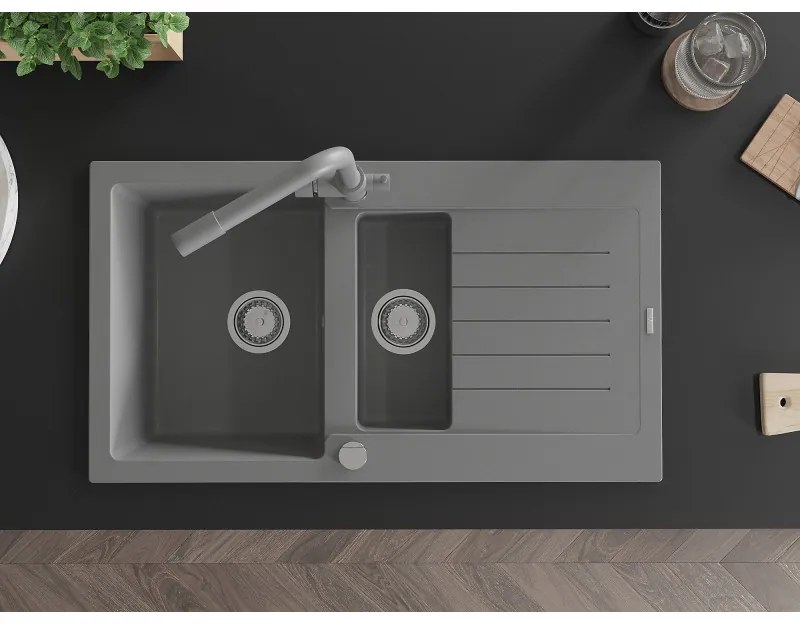 Mexen Matias, granitový drez 900x505x200 mm, 1,5-komorový a šedá batéria Duero, šedá, 6502-71-671600-71