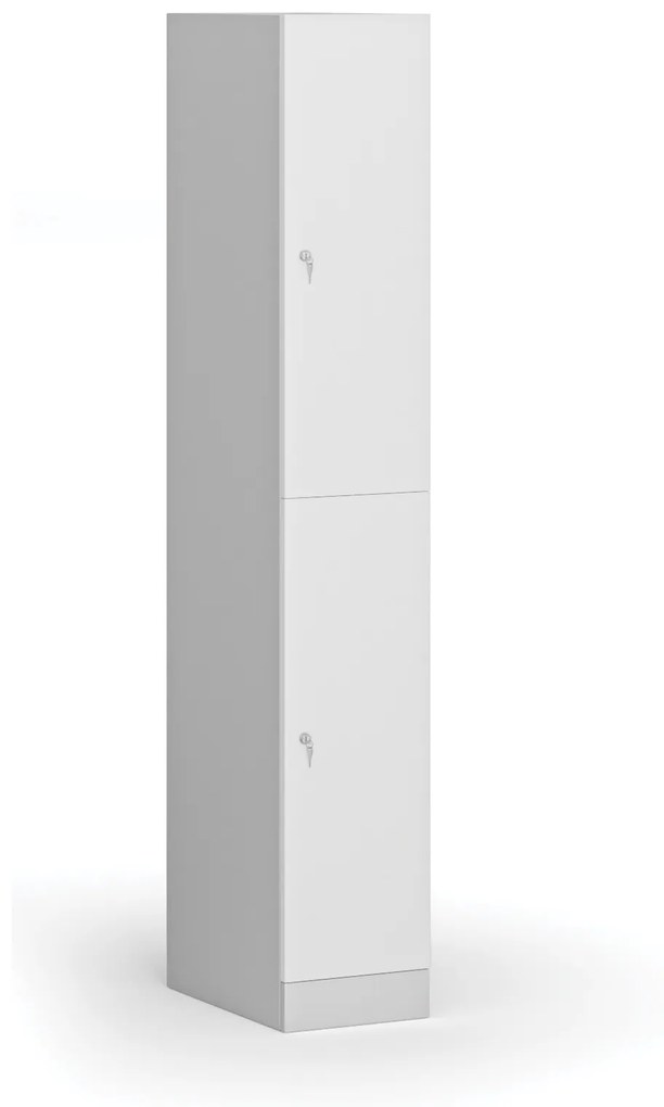 Šatníková skrinka s úložnými boxmi, 2 boxy, 1850 x 300 x 500 mm, cylindrický zámok, laminované dvere, biela
