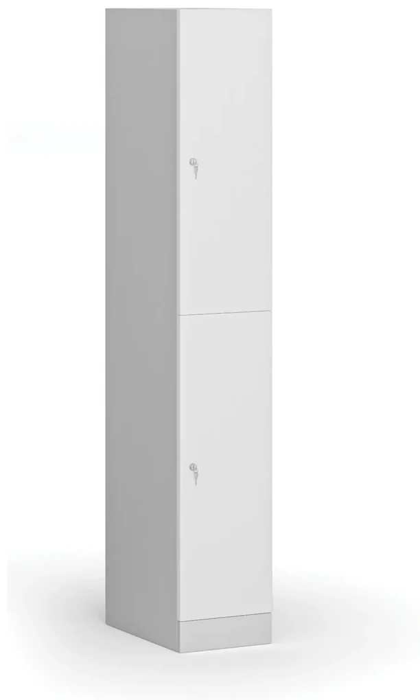 Šatníková skrinka s úložnými boxmi, 2 boxy, 1850 x 300 x 500 mm, cylindrický zámok, laminované dvere, biela