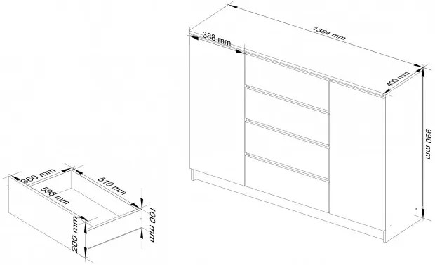 Komoda K140 2D 4SZ CLP biela / sonoma