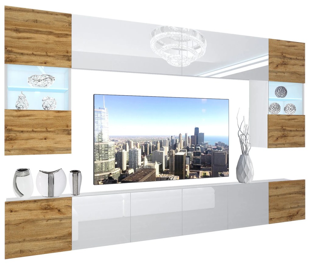 Obývacia stena Belini Premium Full Version biely lesk / dub wotan + LED osvetlenie Nexum 6