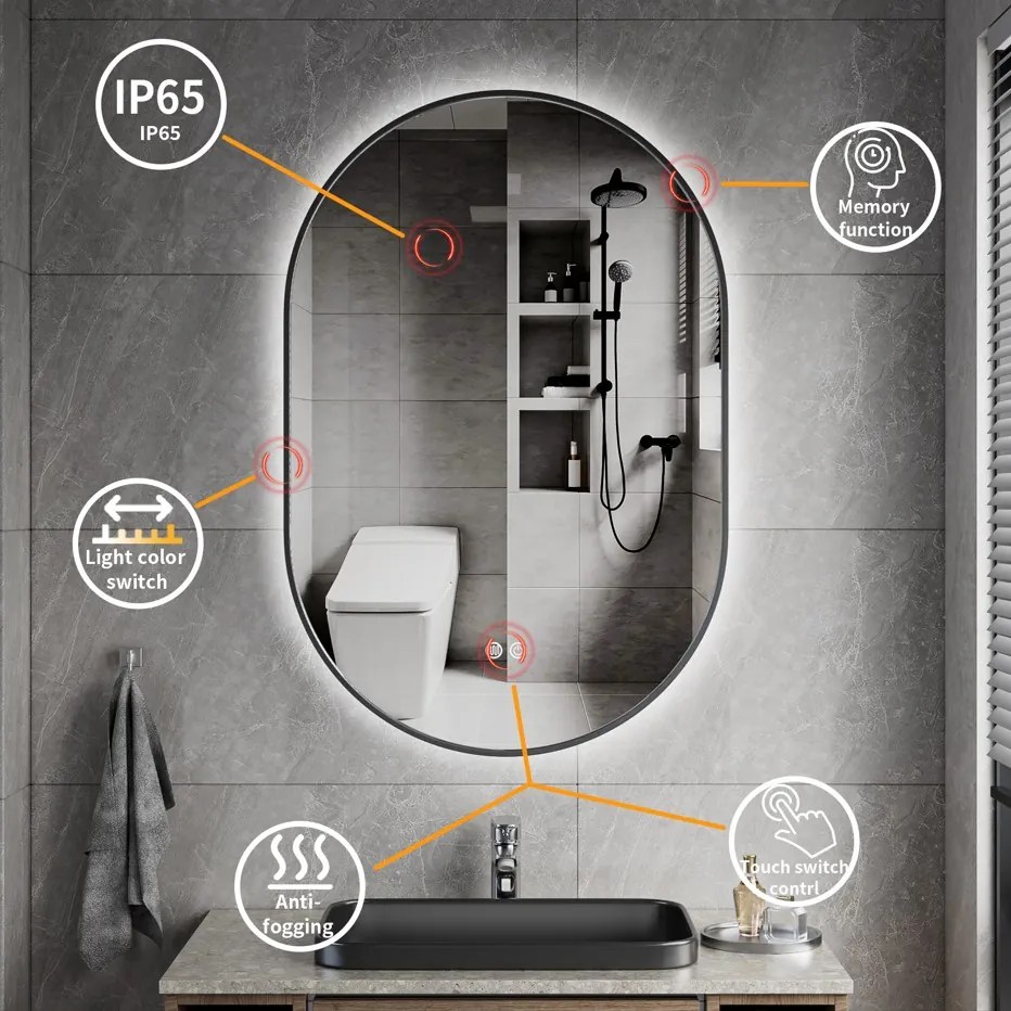 Erga Freya, oválne LED zrkadlo 60x90cm v čiernom kovovom ráme, 3 farby svetla, zadné osvetlenie, vyhrievacia podložka proti zapareniu, ERG-V01-FREYA-6090-BK