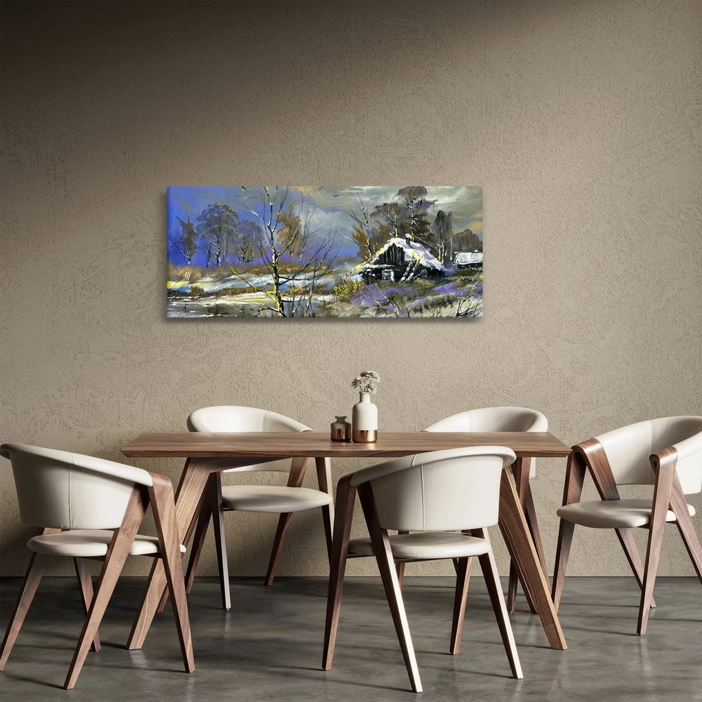 Obraz chalúpky v zimnej krajine, olejomaľba (120x50 cm)