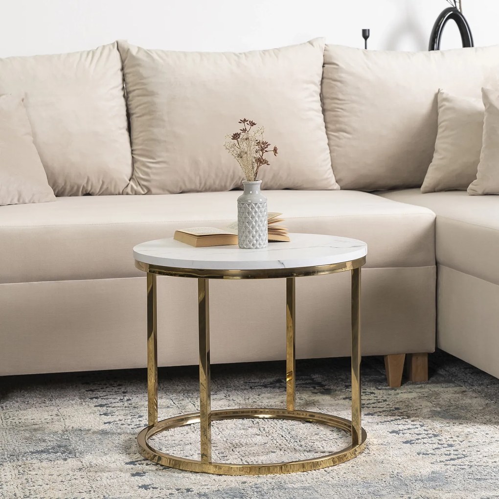 Konferenčný stolík Aparentar 3 (mramor biely + zlatá) . Akcia -23%. Vlastná spoľahlivá doprava až k Vám domov. 1129022