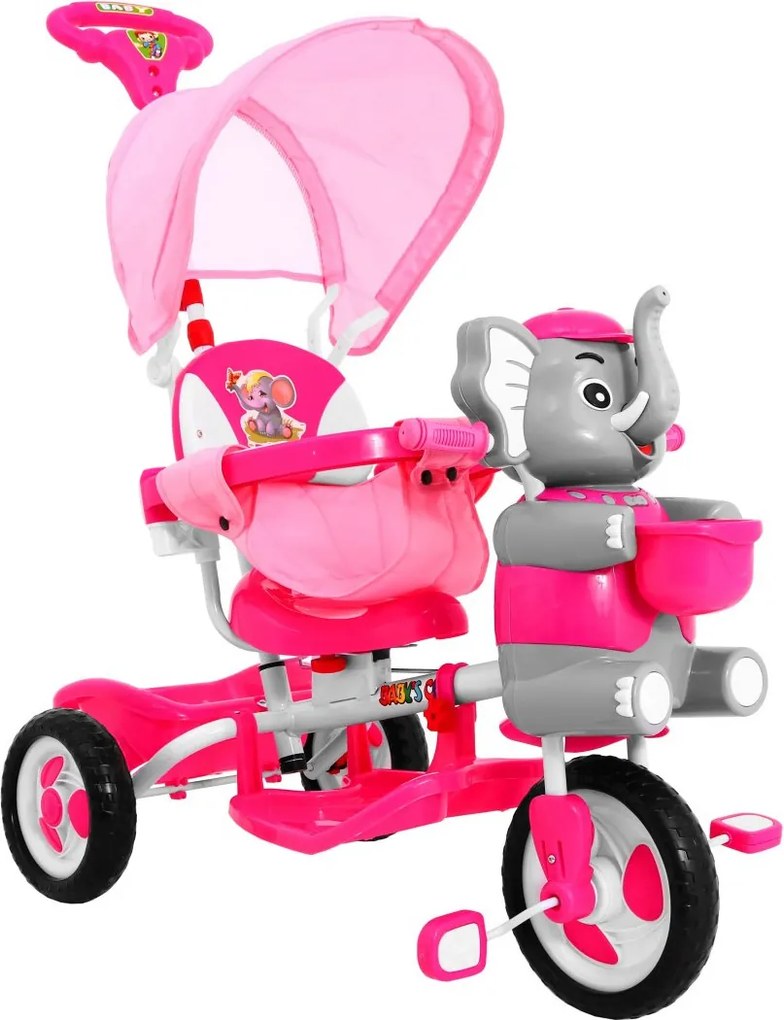 Ramiz Detský trojkolesový bicykel Elephant Ružová + zvuky + strieška + zábrana + opierka na nohy + rukoväť + úložný priestor