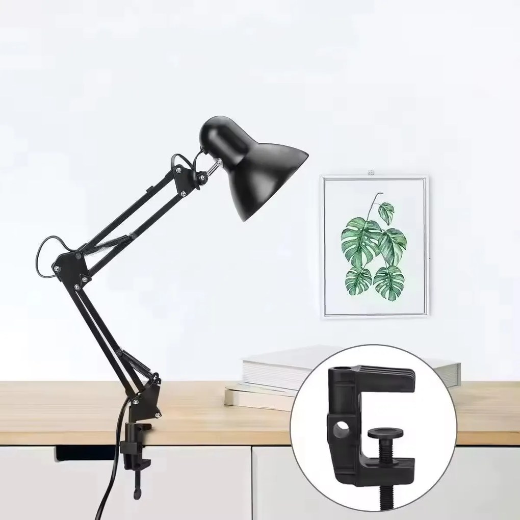 Smart LED Čierna kovová stolná lampa nastaviteľná s klipom 1xE27