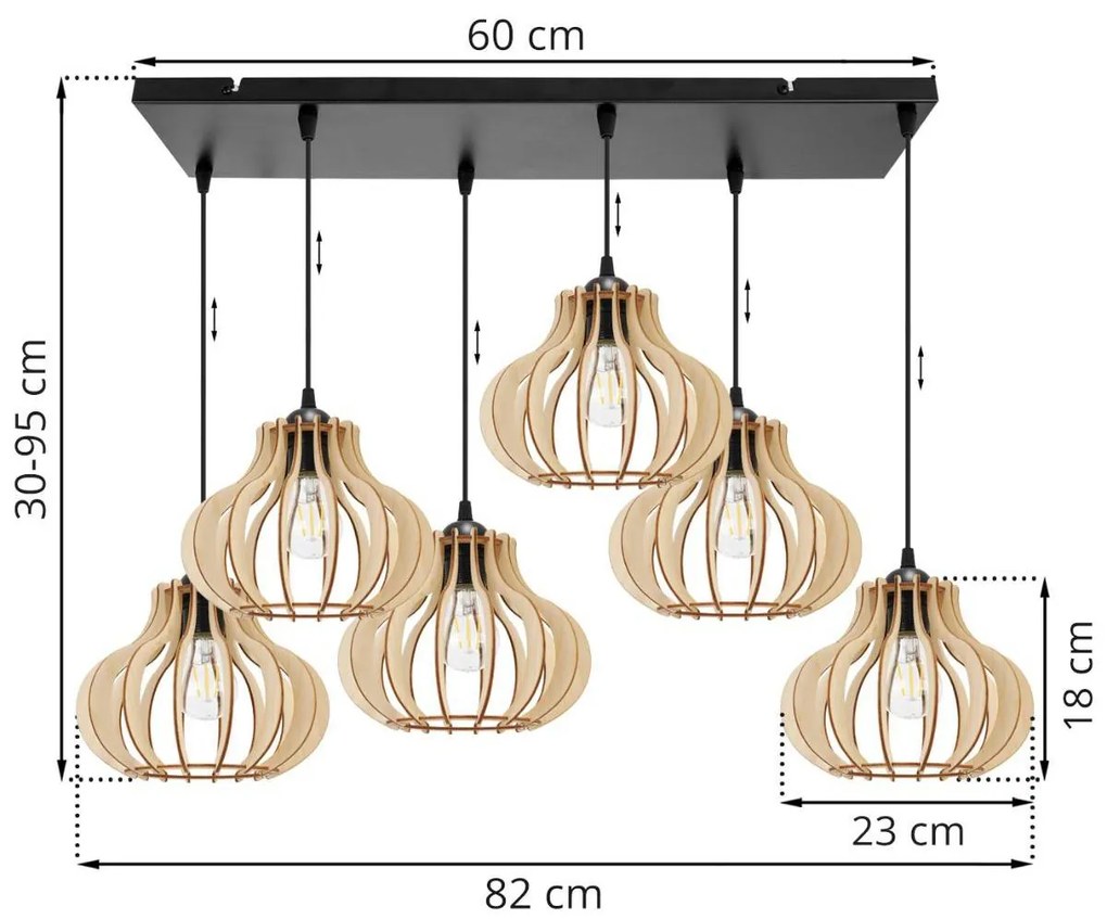 Závesné svietidlo TIMBER 3, 6x drevené tienidlo