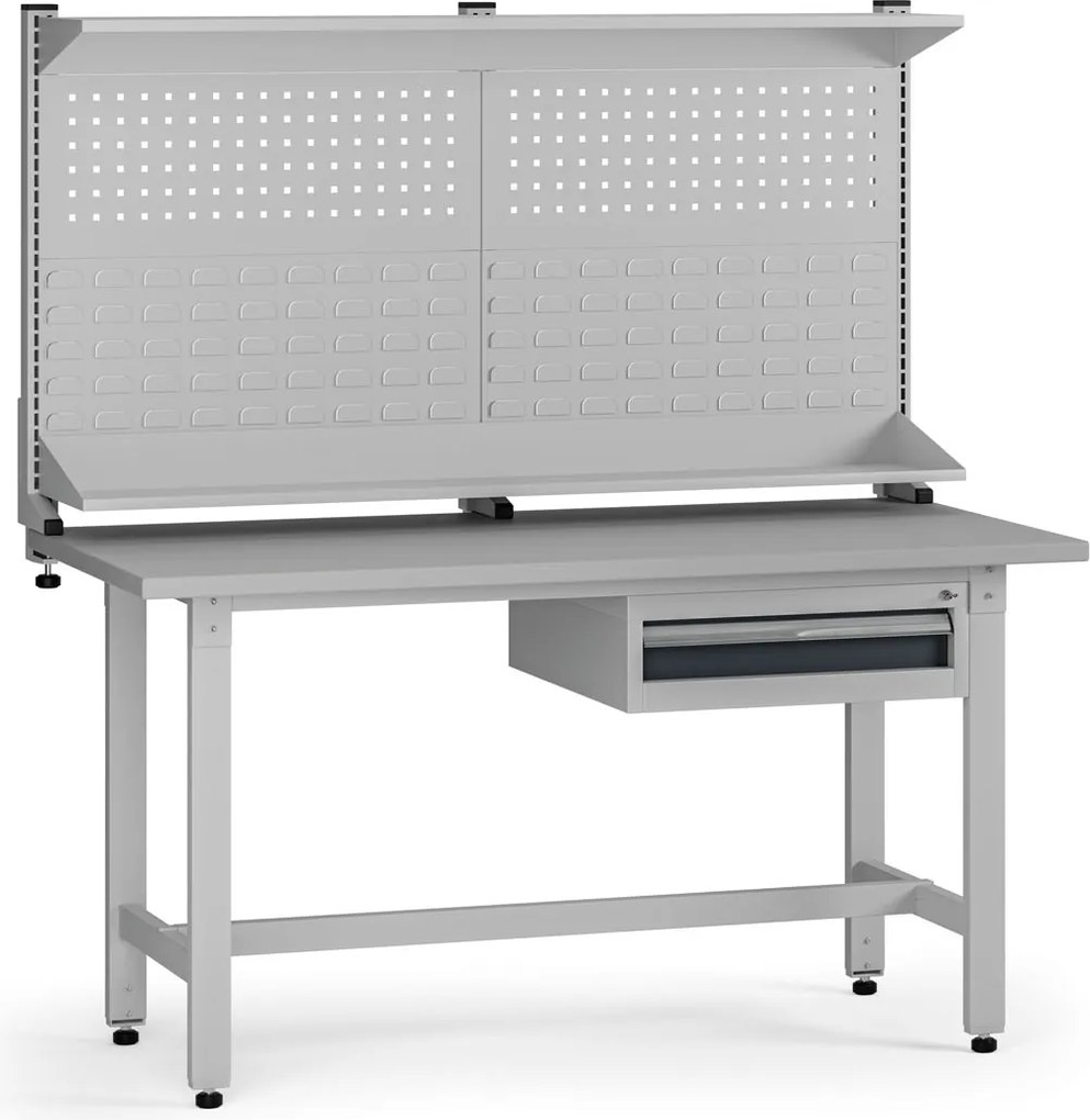 Výškovo nastaviteľný dielenský stôl G5 s nadstavbou, 1500 x 750 x 800-1000 mm, 1x kontajner, 1 zásuvka, grafit