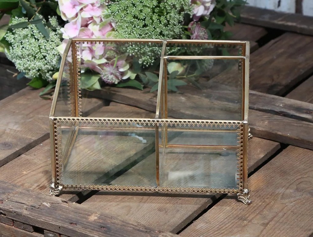Sklenená šperkovnica s mosadzným antik lemom Vionie - 20*15*12 cm
