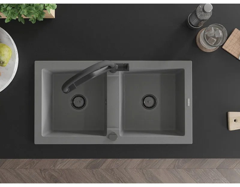 Mexen Mario, granitový drez 820x436x161 mm, 2-komorový a drezová batéria Duo, šedá, 6504-71-671701-70-B