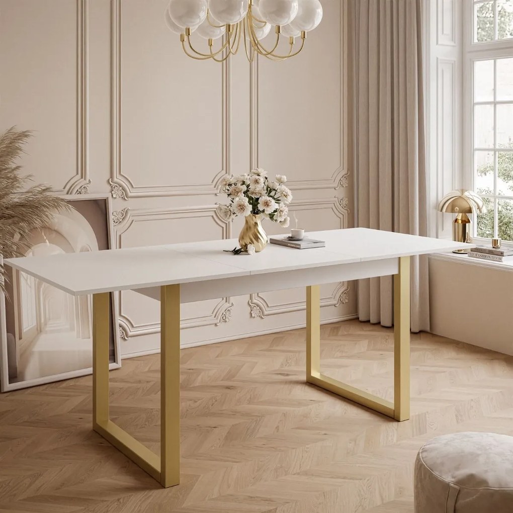 ROZKLADACÍ JEDÁLENSKÝ STÔL DANILO BIELY + ZLATÉ U NOHY 140 / 195 cm