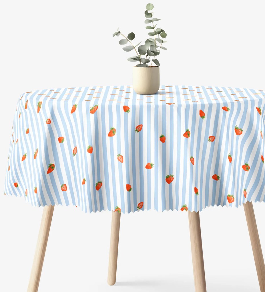 Goldea okrúhly teflónový obrus - modré prúžky s jahodami Ø 130 cm