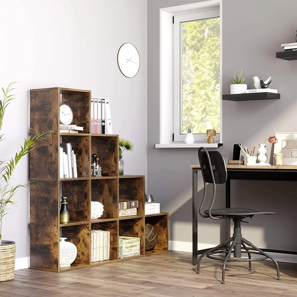 Stupňovitá polica s 10 priehradkami v tvare kocky, voľne stojaca polica, rustikálna hnedá