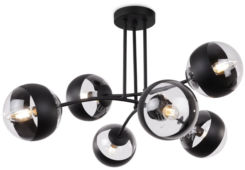 Stropné svietidlo Toledo, 6x čierne/transparentné sklenené tienidlo, B
